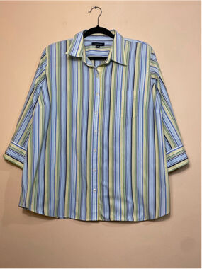 Lands' End Women’s Button Down Collared Shirt 20W Blue Green Striped